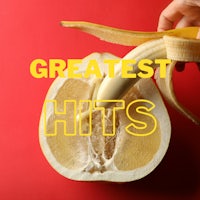 a banana with the words'greatest hits'on it